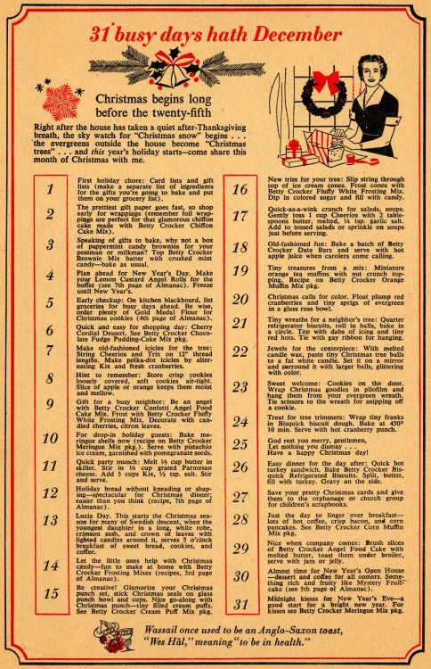 1950s Betty Crocker's 31 Busy Days of December Countdown for a Very Vintage December, from General Mills