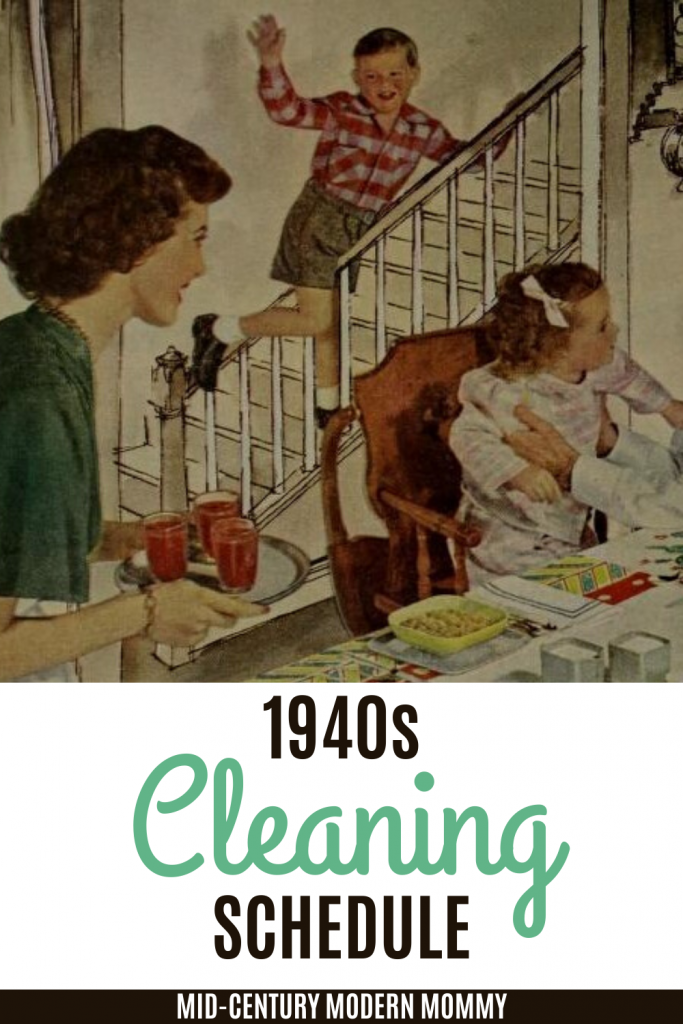 Please pin this image of a 1940s family at breakfast for this 1940s Cleaning Schedule by Mid-Century Modern Mommy