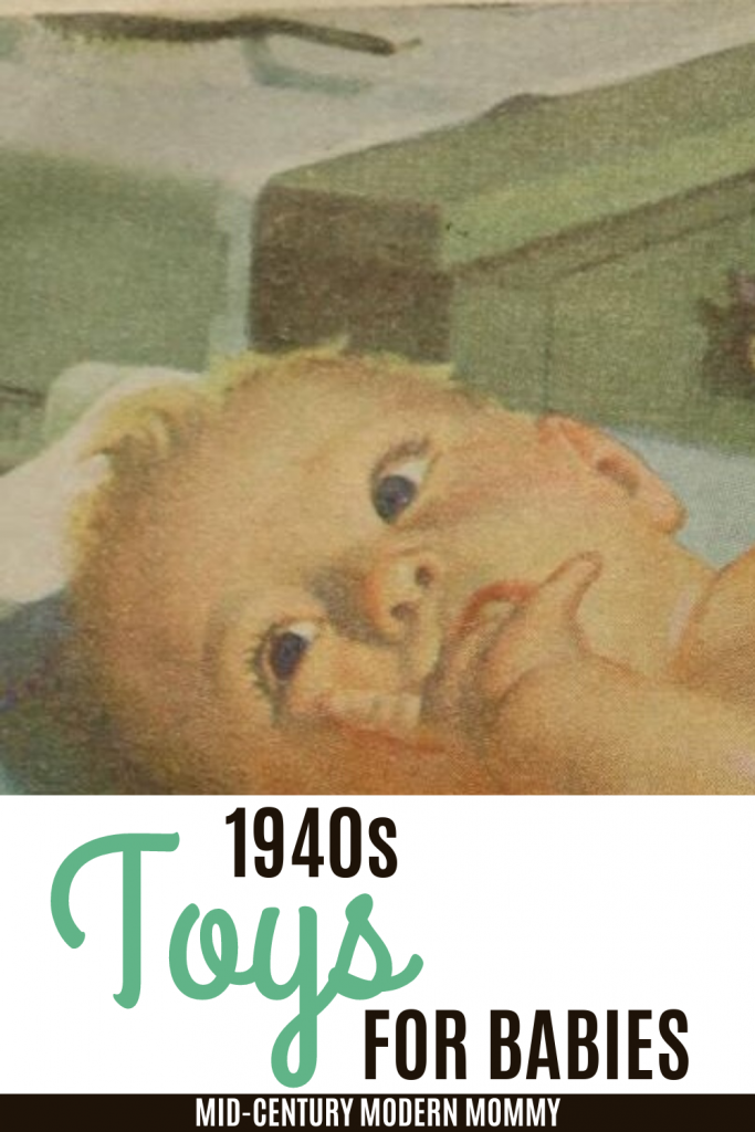 Pin this 1940s advertising illustration of a baby for 1940s Toys for Babies by Mid-Century Modern Mommy