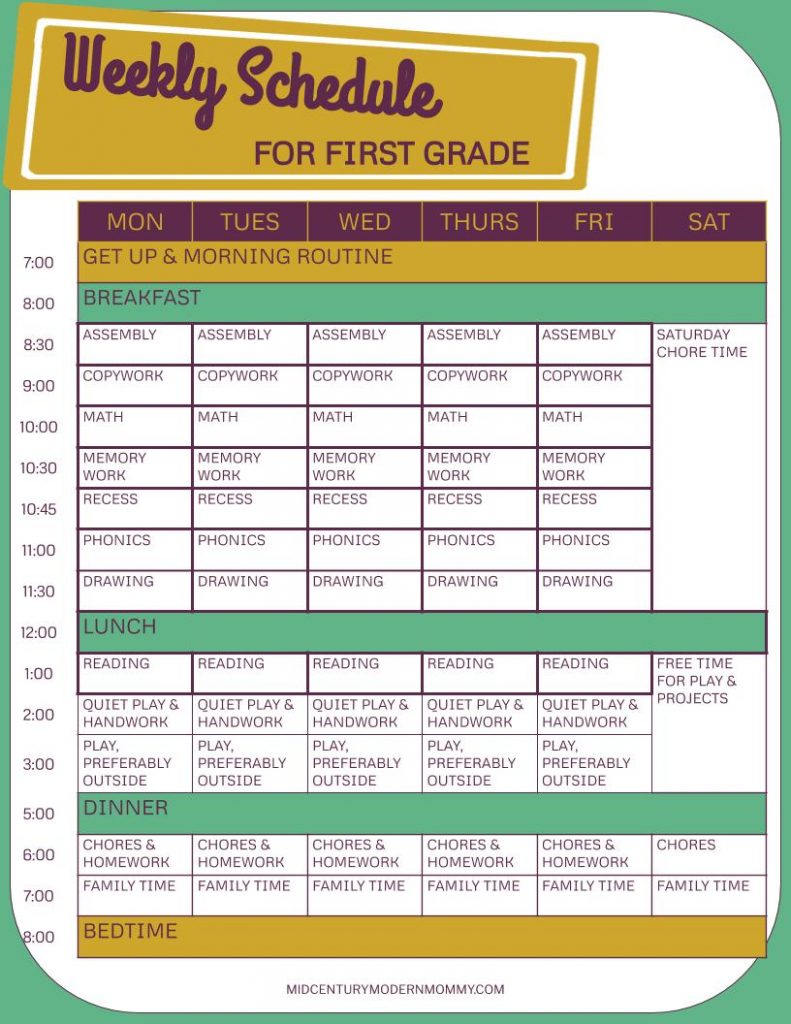 Weekly schedule for how we homeschool with vintage books, first grade 2020.