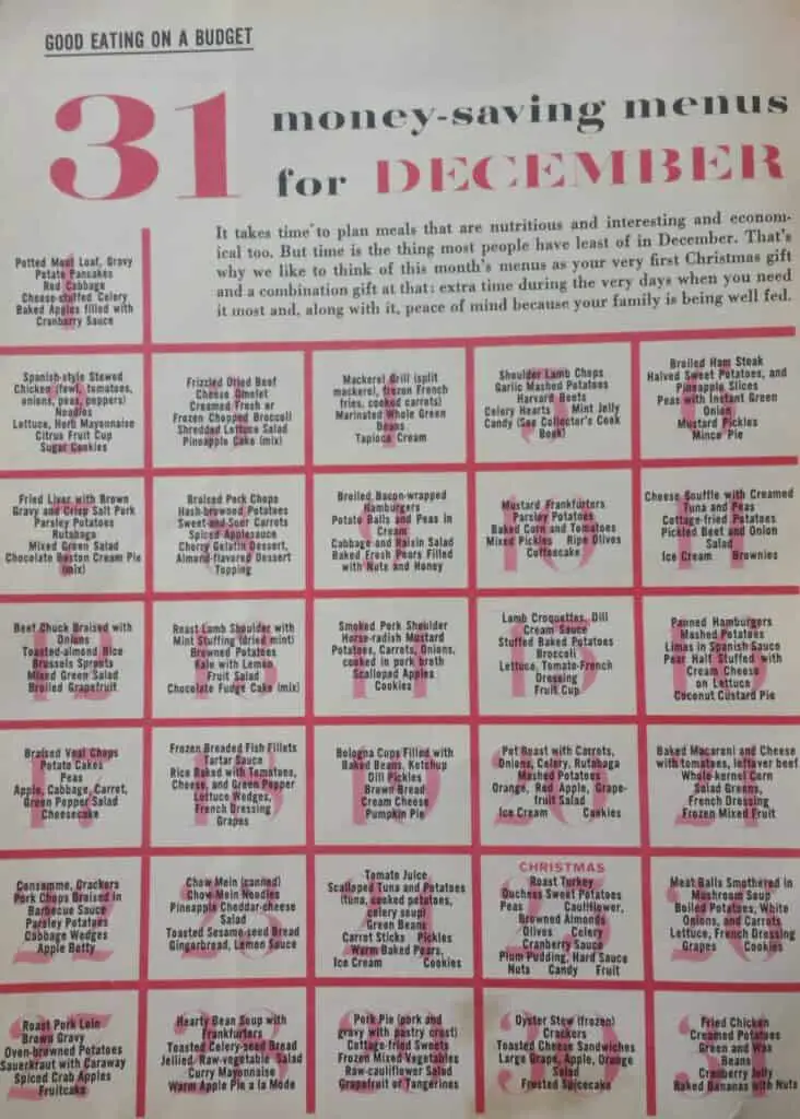 Good Eating on a Budget: 31 money-saving menus for December. Meal plan from Woman's Day Magazine, 1959.
