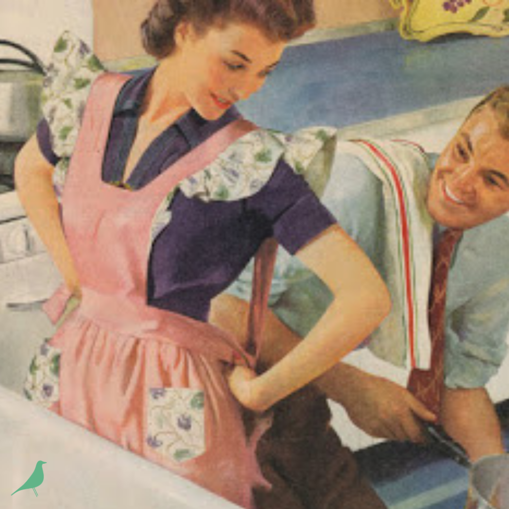 A cropped and enlarged view from a vintage illustration showing a wife taking off her apron and watching her husband as he puts away the last of the pots and pans with a dishtowel over his shoulder. Shows a wife using a light touch and blithe spirit to welcome her husband's participation in housework, leading him to help without feeling put-upon or emasculated. ​Illustration for the first chapter for the chapter-by-chapter summary series of Always Ask a Man: the Key to Femininity by Arlene Dahl. Series written by Mid-Century Modern Mommy; photo contains the teal House Bird logo of Mid-Century Modern Mommy in lower left corner