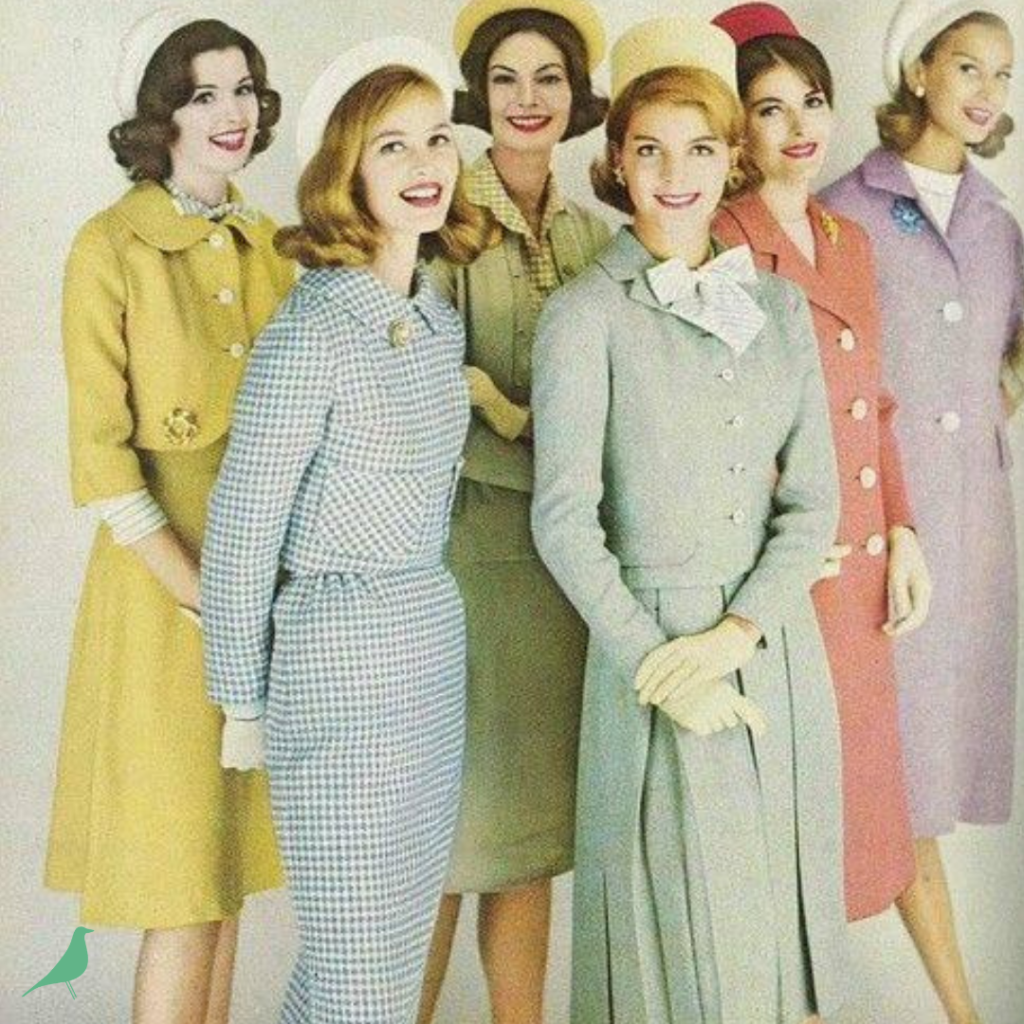 A cropped and enlarged view from a vintage fashion photo, illustrating several ladies wearing pastel suits, in various cuts, with a variety of details. The ladies show how to have a signature style in classic, gamine, and "pretty" styles, through using particular style of hats, brooches, or bows. Illustration for the first chapter for the chapter-by-chapter summary series of Always Ask a Man: the Key to Femininity by Arlene Dahl. Series written by Mid-Century Modern Mommy; photo contains the teal House Bird logo of Mid-Century Modern Mommy in lower left corner.