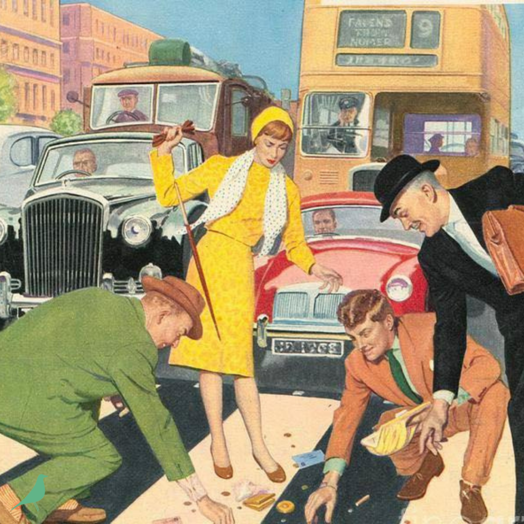 A cropped and enlarged view from a vintage illustration showing a lady who dropped her purse in a crosswalk in front of traffic. Demonstrates feminine appeal  for men to help a lady in difficult circumstances, as several gentlemen in suits are gathering the lady's things for her. Illustration for the first chapter for the chapter-by-chapter summary series of Always Ask a Man: the Key to Femininity by Arlene Dahl. Series written by Mid-Century Modern Mommy; photo contains the teal House Bird logo of Mid-Century Modern Mommy in lower left corner.