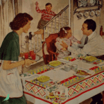 Vintage image of a family about to sit down to a family meal. Mother brings juice to the table, Father settles toddler daughter into a high chair, and school-age son slides down the banister to reach the table faster. The table is neatly and prettily set with mid-century modern linens and china. Teal house bird logo of Mid-Century Modern Mommy is in the lower left corner.