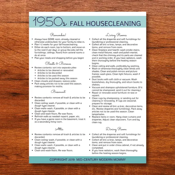 A hard copy printable version of the 1950s Fall Cleaning Routine.