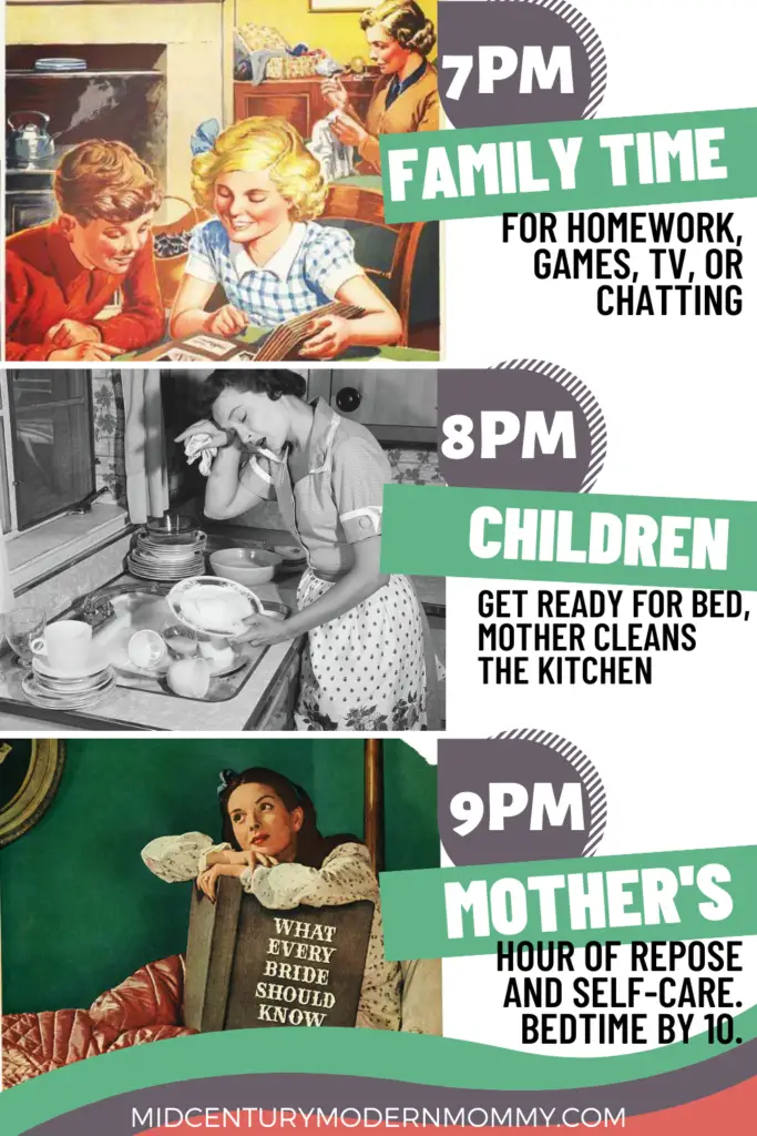 An hourly time-block evening routine for a simple vintage housewife schedule: 7 pm, family time; 8 pm, children to bed and Mother cleans the kitchen; 9 pm, Mother's and Father's hour; 10 pm, bedtime.